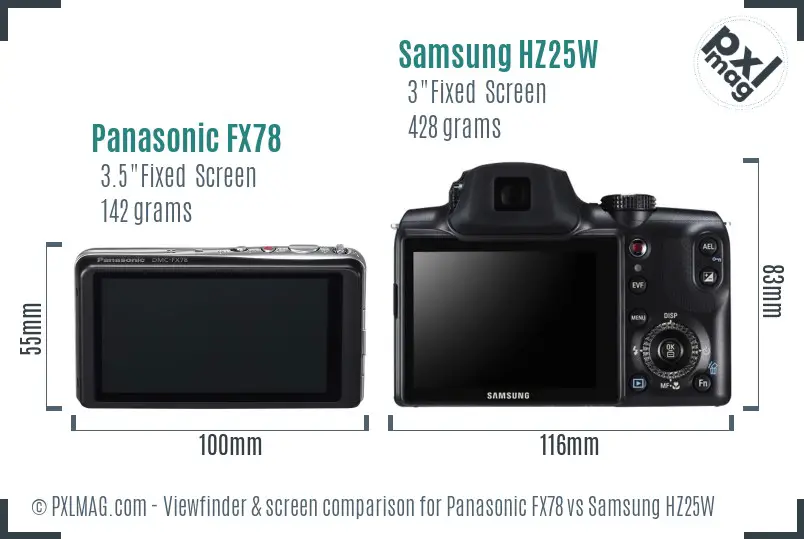 Panasonic FX78 vs Samsung HZ25W Screen and Viewfinder comparison