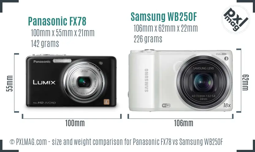 Panasonic FX78 vs Samsung WB250F size comparison