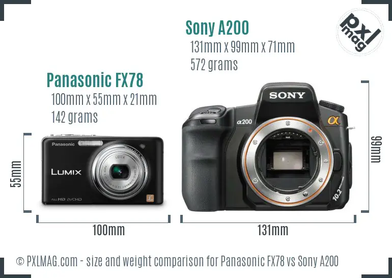 Panasonic FX78 vs Sony A200 size comparison