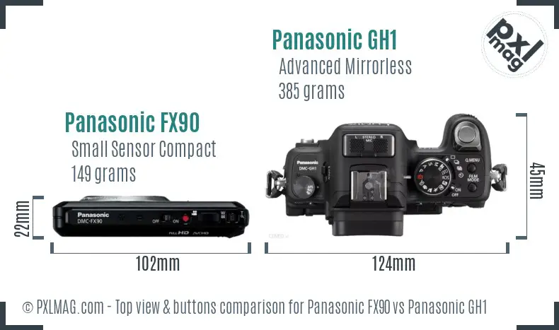 Panasonic FX90 vs Panasonic GH1 top view buttons comparison