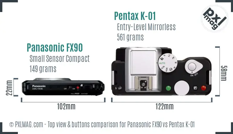 Panasonic FX90 vs Pentax K-01 top view buttons comparison