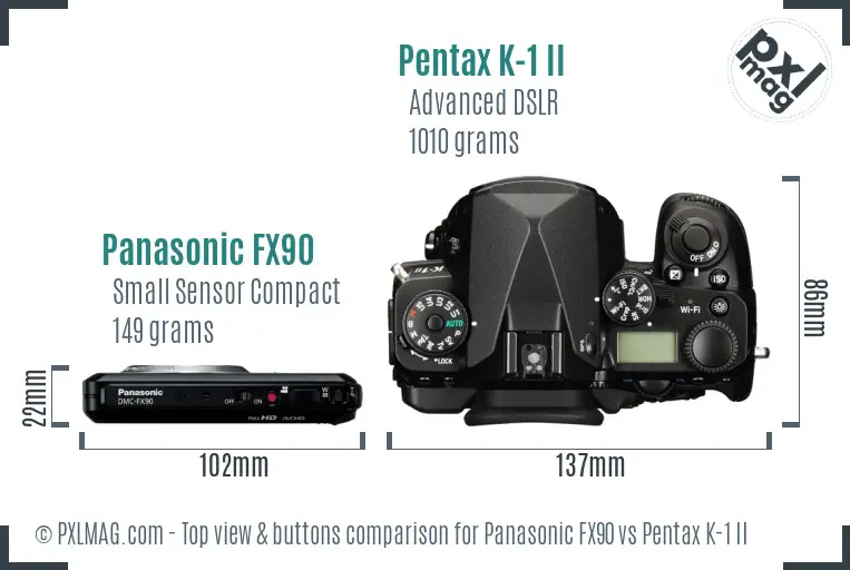Panasonic FX90 vs Pentax K-1 II top view buttons comparison