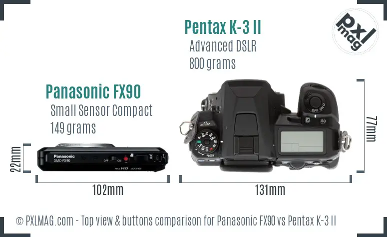 Panasonic FX90 vs Pentax K-3 II top view buttons comparison