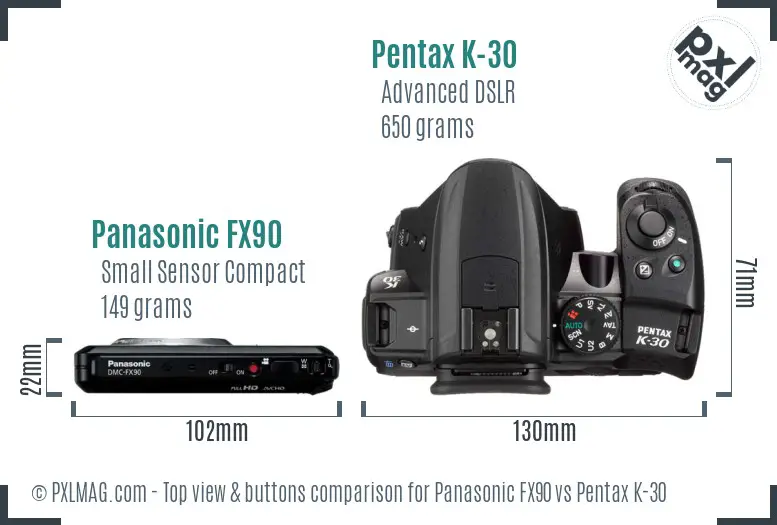 Panasonic FX90 vs Pentax K-30 top view buttons comparison