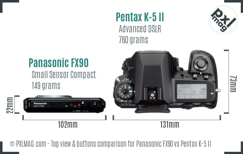 Panasonic FX90 vs Pentax K-5 II top view buttons comparison