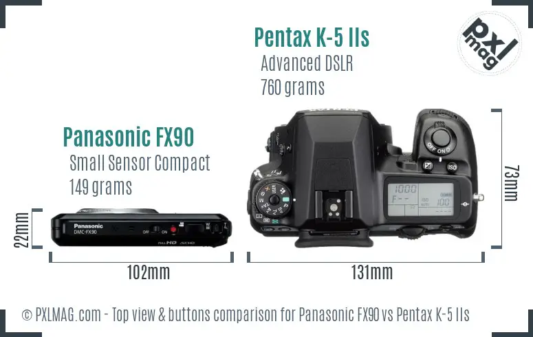 Panasonic FX90 vs Pentax K-5 IIs top view buttons comparison