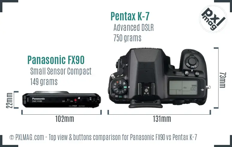 Panasonic FX90 vs Pentax K-7 top view buttons comparison