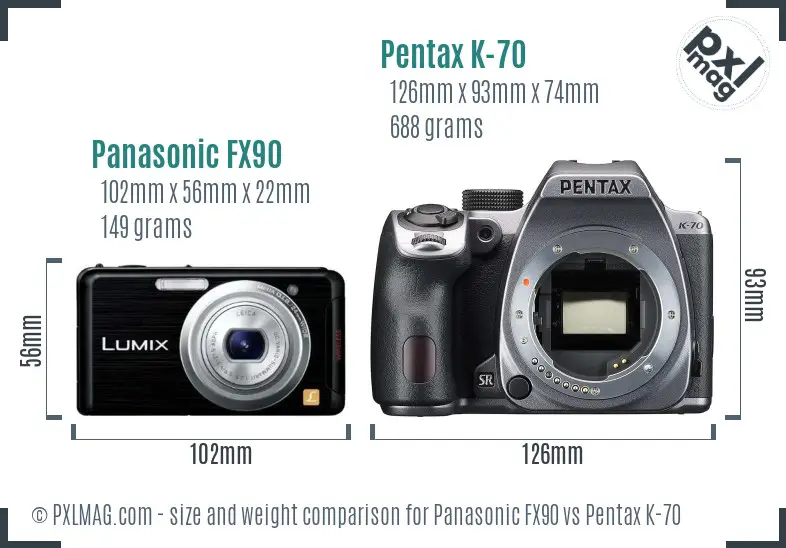 Panasonic FX90 vs Pentax K-70 size comparison