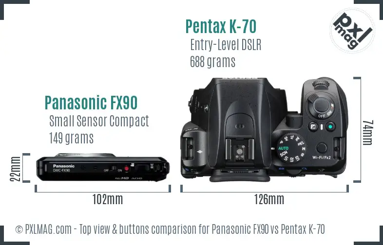 Panasonic FX90 vs Pentax K-70 top view buttons comparison
