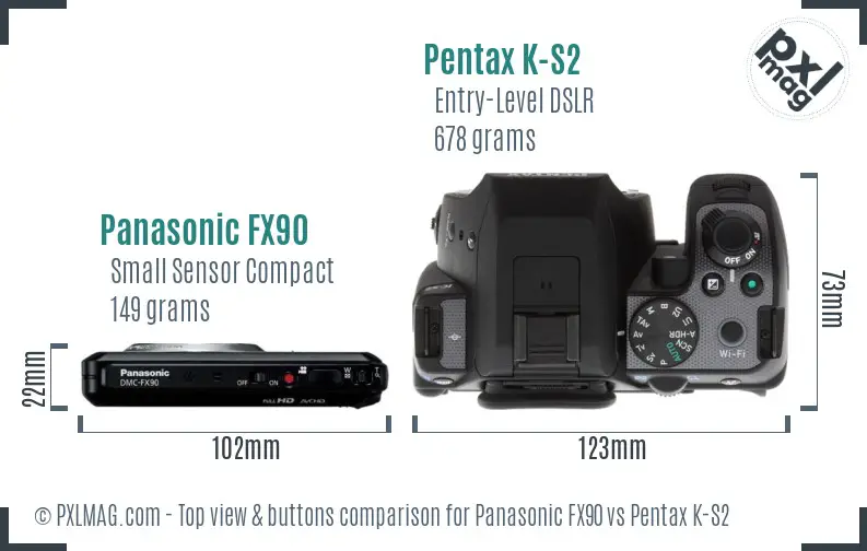 Panasonic FX90 vs Pentax K-S2 top view buttons comparison