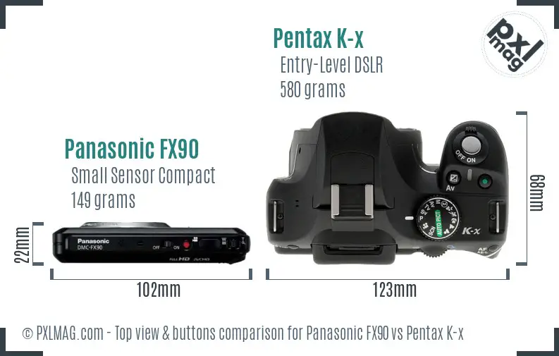 Panasonic FX90 vs Pentax K-x top view buttons comparison