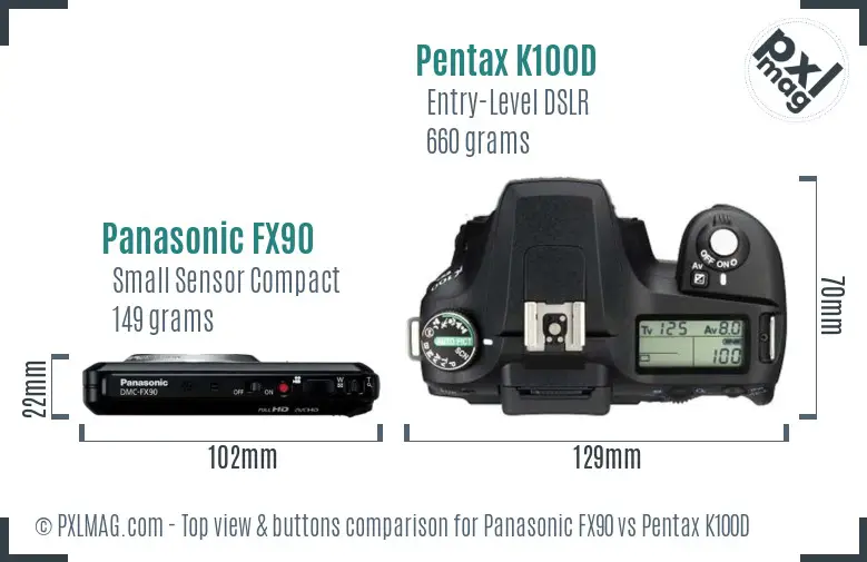 Panasonic FX90 vs Pentax K100D top view buttons comparison
