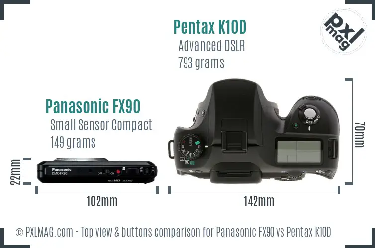 Panasonic FX90 vs Pentax K10D top view buttons comparison