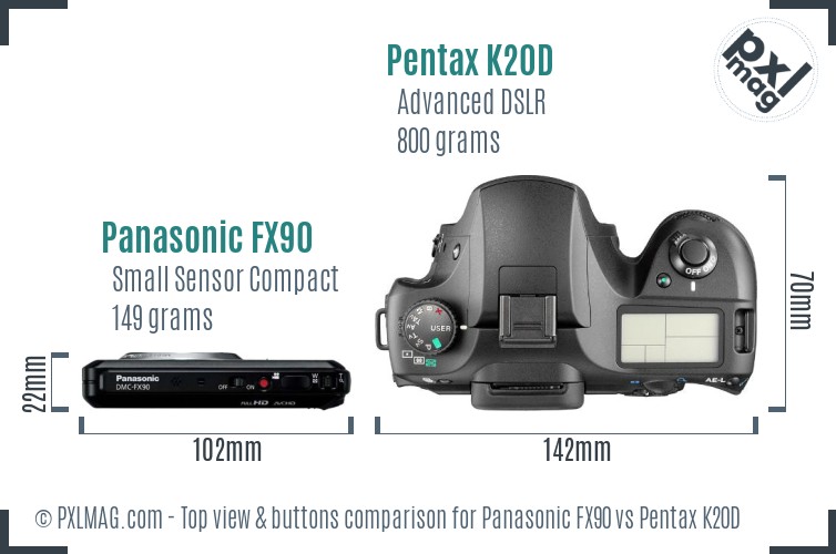 Panasonic FX90 vs Pentax K20D top view buttons comparison