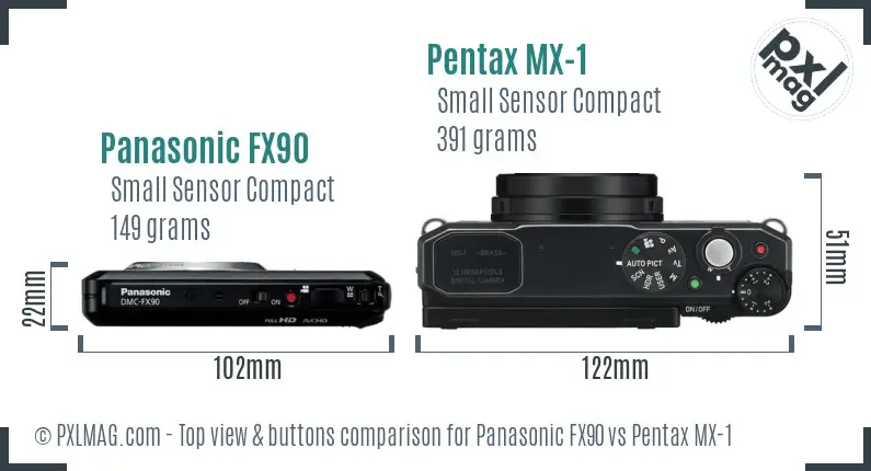 Panasonic FX90 vs Pentax MX-1 top view buttons comparison
