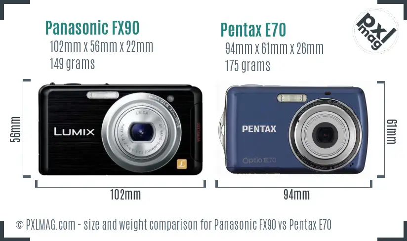 Panasonic FX90 vs Pentax E70 size comparison