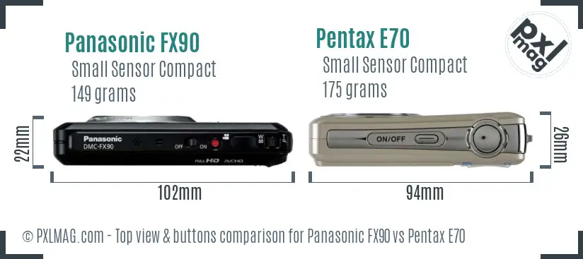 Panasonic FX90 vs Pentax E70 top view buttons comparison