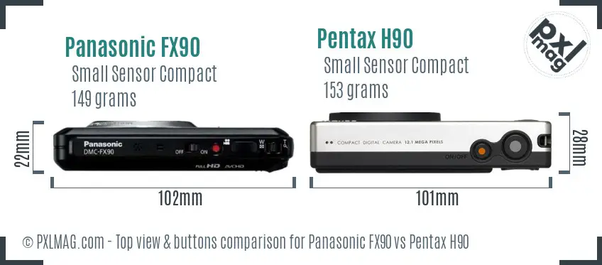 Panasonic FX90 vs Pentax H90 top view buttons comparison