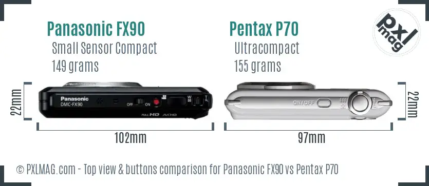Panasonic FX90 vs Pentax P70 top view buttons comparison