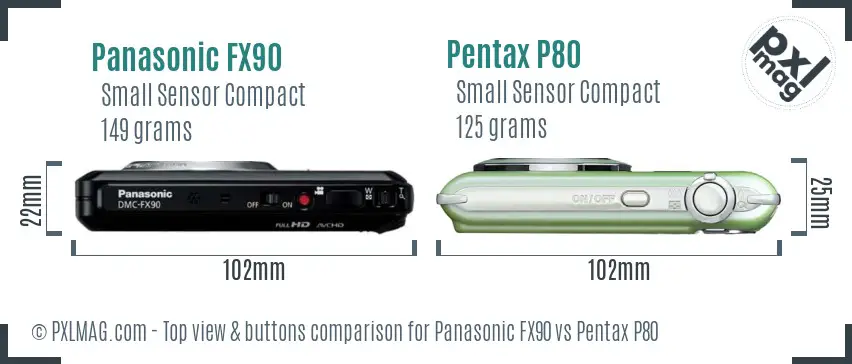 Panasonic FX90 vs Pentax P80 top view buttons comparison