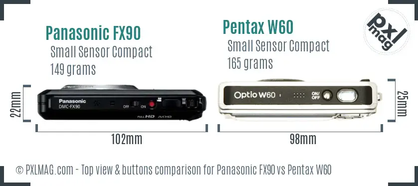 Panasonic FX90 vs Pentax W60 top view buttons comparison