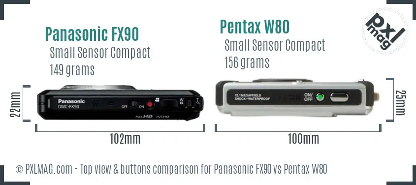 Panasonic FX90 vs Pentax W80 top view buttons comparison