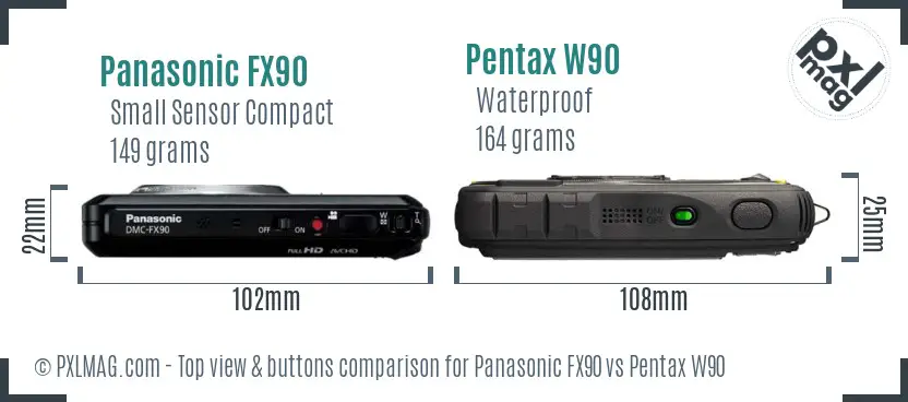 Panasonic FX90 vs Pentax W90 top view buttons comparison