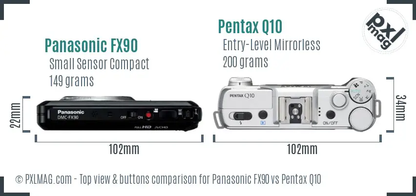 Panasonic FX90 vs Pentax Q10 top view buttons comparison
