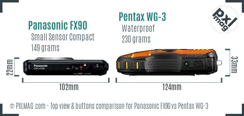 Panasonic FX90 vs Pentax WG-3 top view buttons comparison