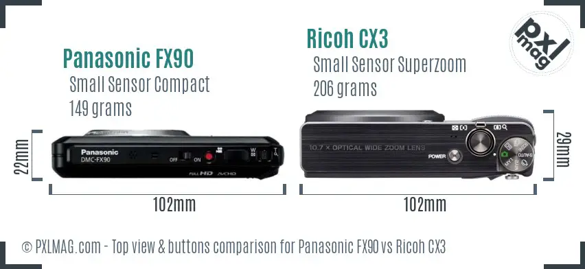 Panasonic FX90 vs Ricoh CX3 top view buttons comparison
