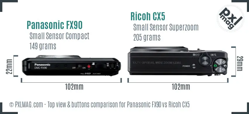 Panasonic FX90 vs Ricoh CX5 top view buttons comparison