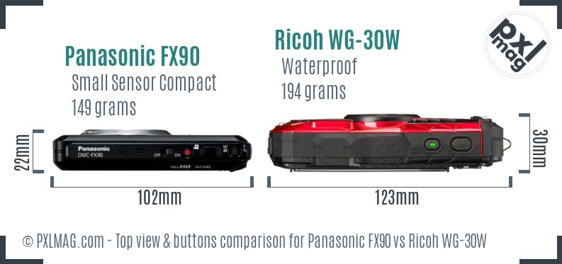 Panasonic FX90 vs Ricoh WG-30W top view buttons comparison