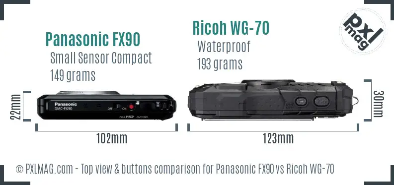 Panasonic FX90 vs Ricoh WG-70 top view buttons comparison Panasonic FX90 vs Ricoh WG-70 top view buttons comparison