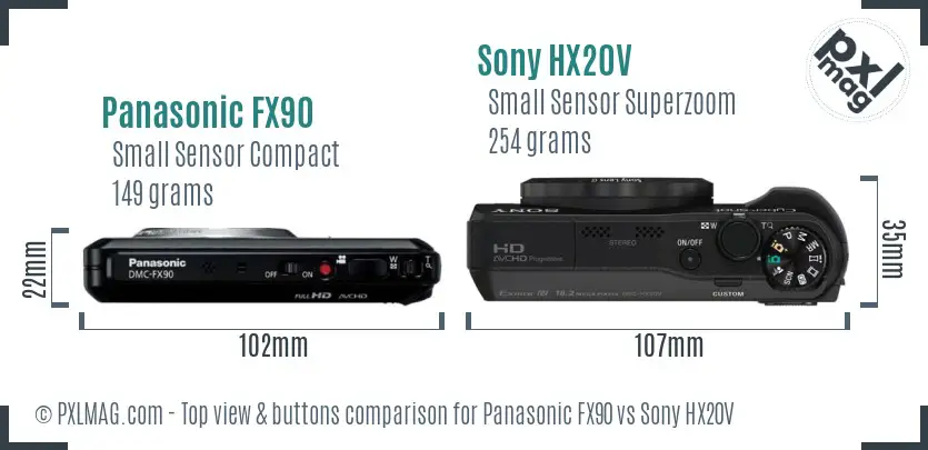Panasonic FX90 vs Sony HX20V top view buttons comparison Panasonic FX90 vs Sony HX20V top view buttons comparison