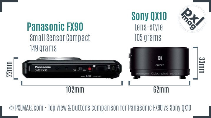 Panasonic FX90 vs Sony QX10 top view buttons comparison
