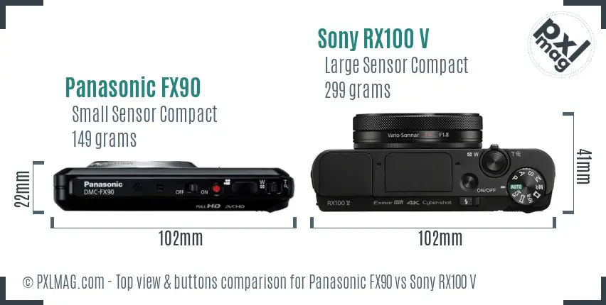 Panasonic FX90 vs Sony RX100 V top view buttons comparison Panasonic FX90 vs Sony RX100 V top view buttons comparison