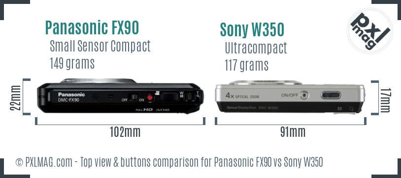 Panasonic FX90 vs Sony W350 top view buttons comparison