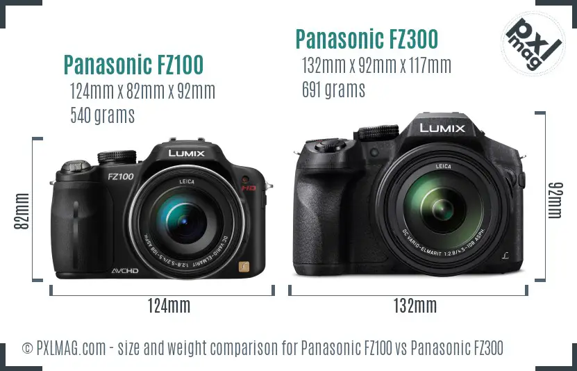 Panasonic FZ100 vs Panasonic FZ300 size comparison
