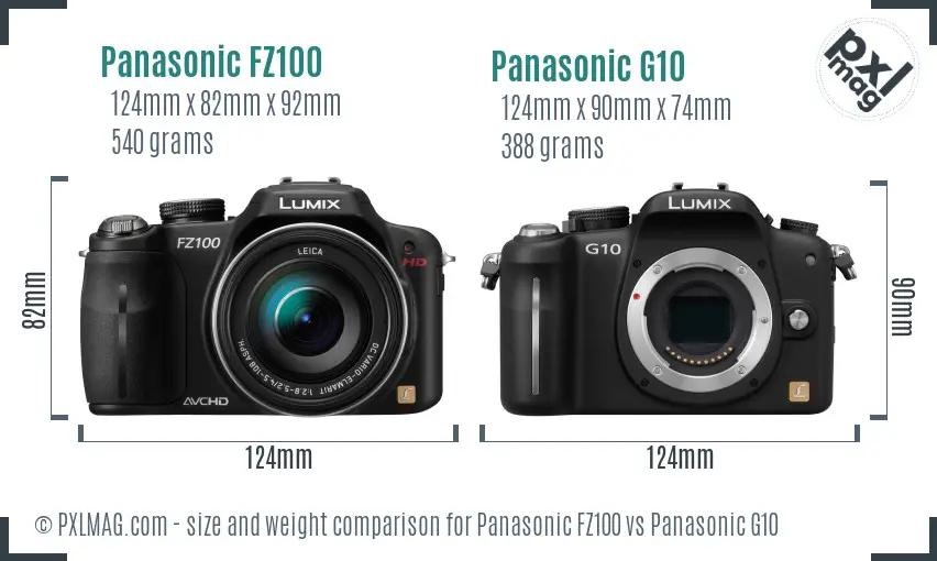 Panasonic FZ100 vs Panasonic G10 size comparison