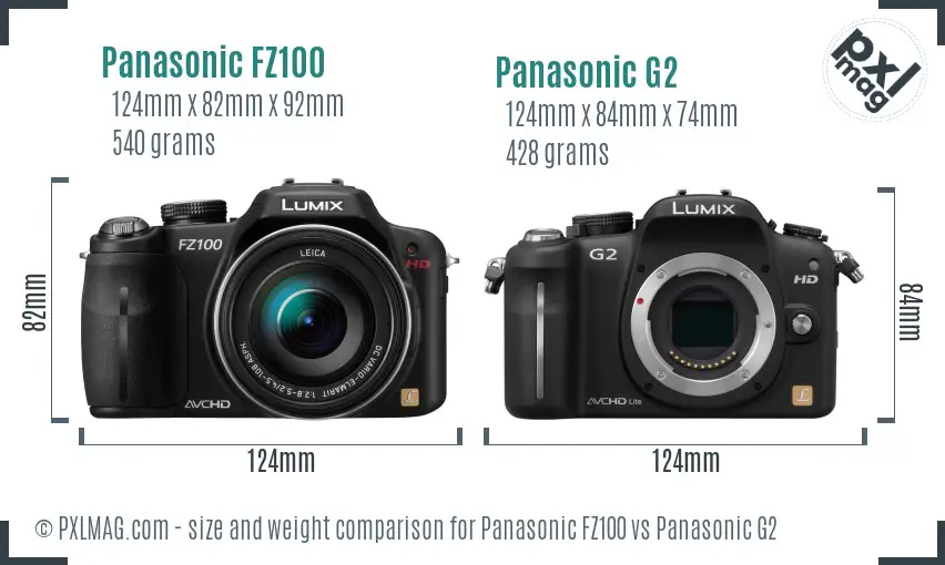 Panasonic FZ100 vs Panasonic G2 size comparison