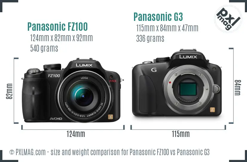 Panasonic FZ100 vs Panasonic G3 size comparison