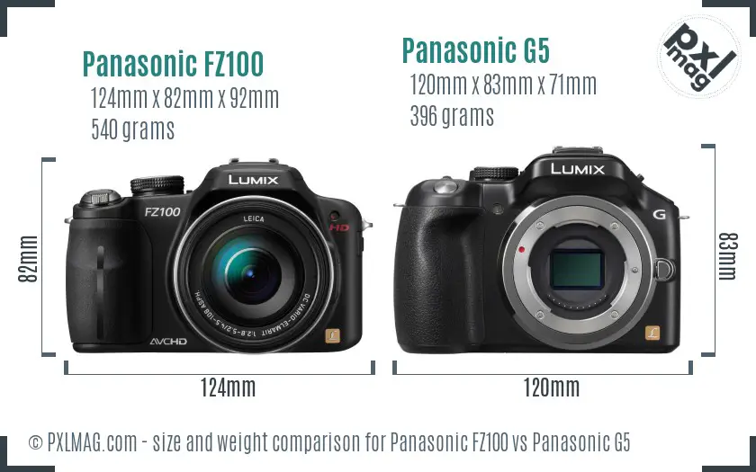 Panasonic FZ100 vs Panasonic G5 size comparison
