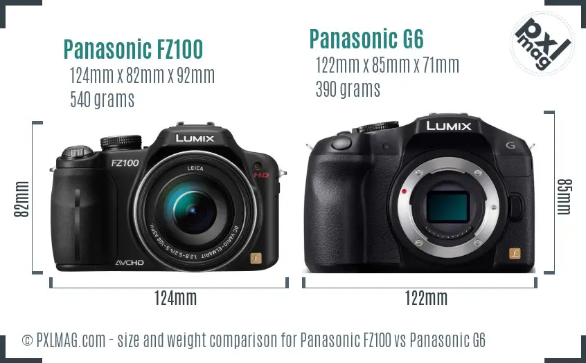 Panasonic FZ100 vs Panasonic G6 size comparison