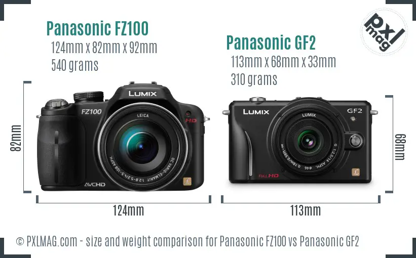Panasonic FZ100 vs Panasonic GF2 size comparison