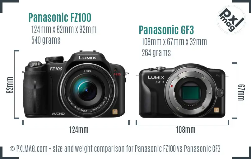 Panasonic FZ100 vs Panasonic GF3 size comparison