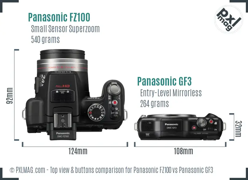 Panasonic FZ100 vs Panasonic GF3 top view buttons comparison