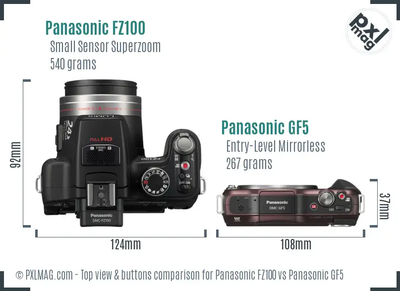 Panasonic FZ100 vs Panasonic GF5 top view buttons comparison
