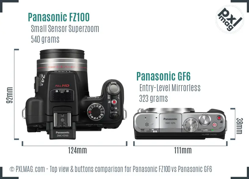 Panasonic FZ100 vs Panasonic GF6 top view buttons comparison