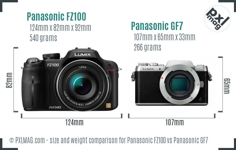 Panasonic FZ100 vs Panasonic GF7 size comparison