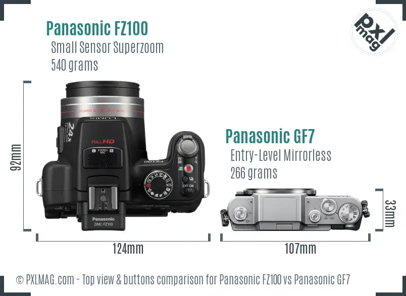 Panasonic FZ100 vs Panasonic GF7 top view buttons comparison